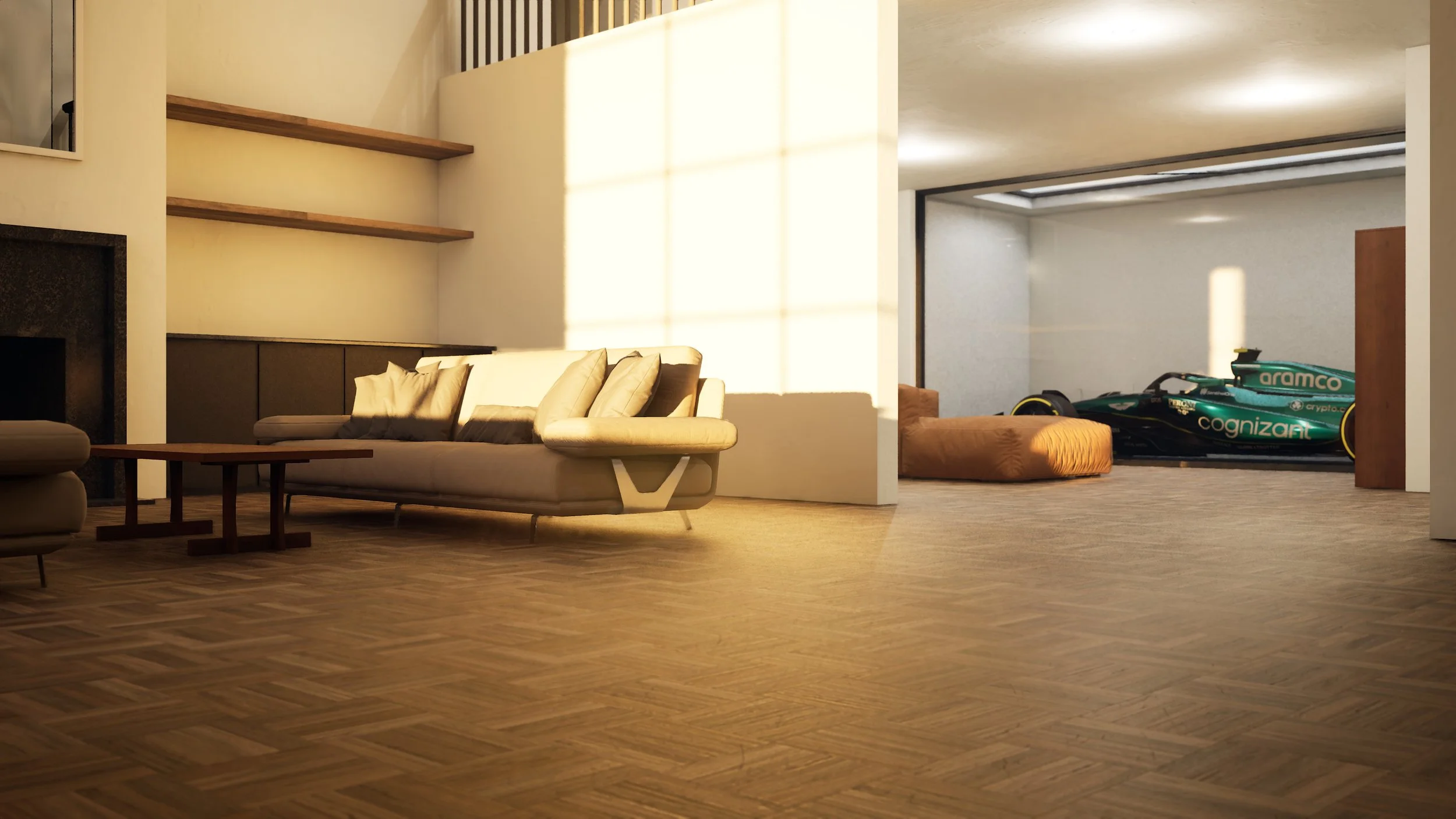 CGI Architecture Visualization of a modern living room with beige sofa and pillows, wooden coffee tables, and wood flooring, separated by a partition wall from a garage or storage space with a green race car and a brown bean bag chair.