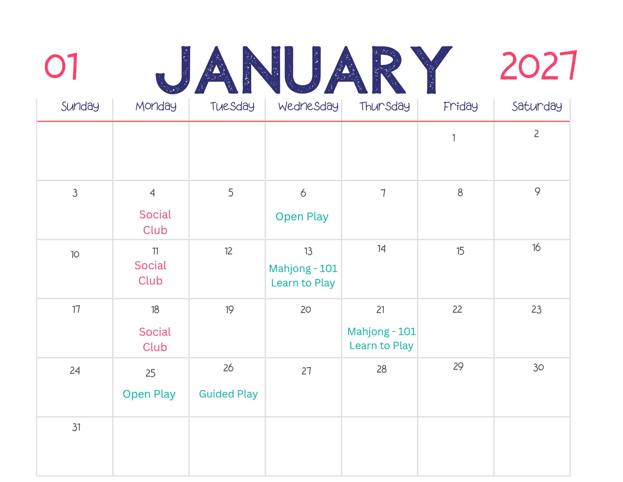 2027 Calendar Class schedule, New year Mahjong, Mahjong gift cards, Mahjong Christmas gift