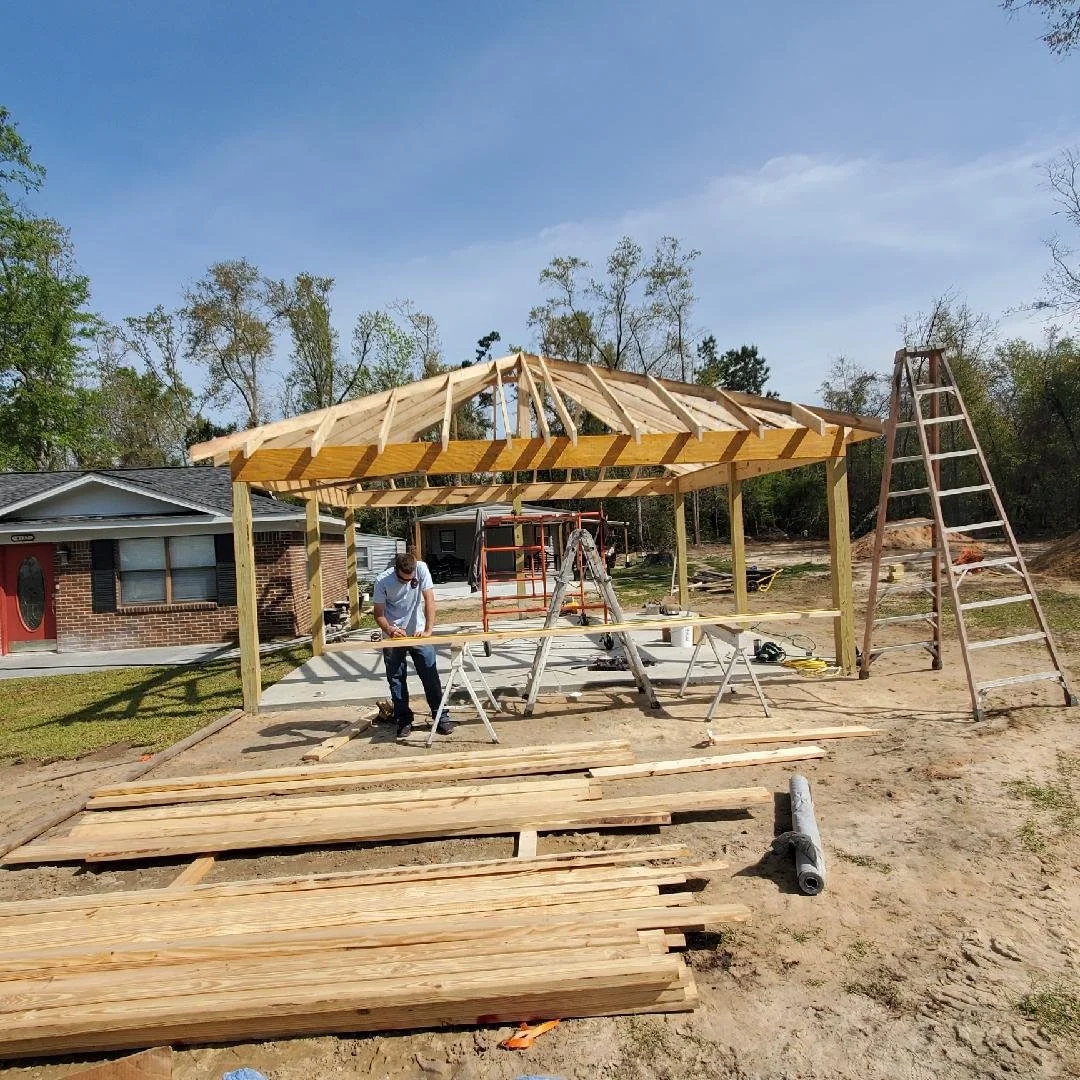 Custom wooden gazebo under construction by Tindall Construction as part of an outdoor living project.