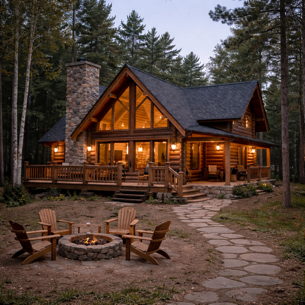 Modern house with wooden exterior, stone steps leading to a porch, and mountain landscape in the background.