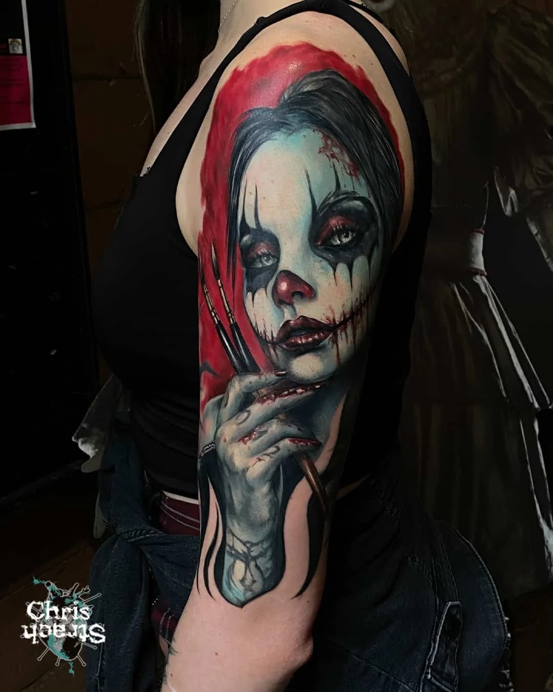 horror-clown-art-girl-colour-tattoo-realistic-chris-Strach-forbidden-arts-tattoo-york.jpg