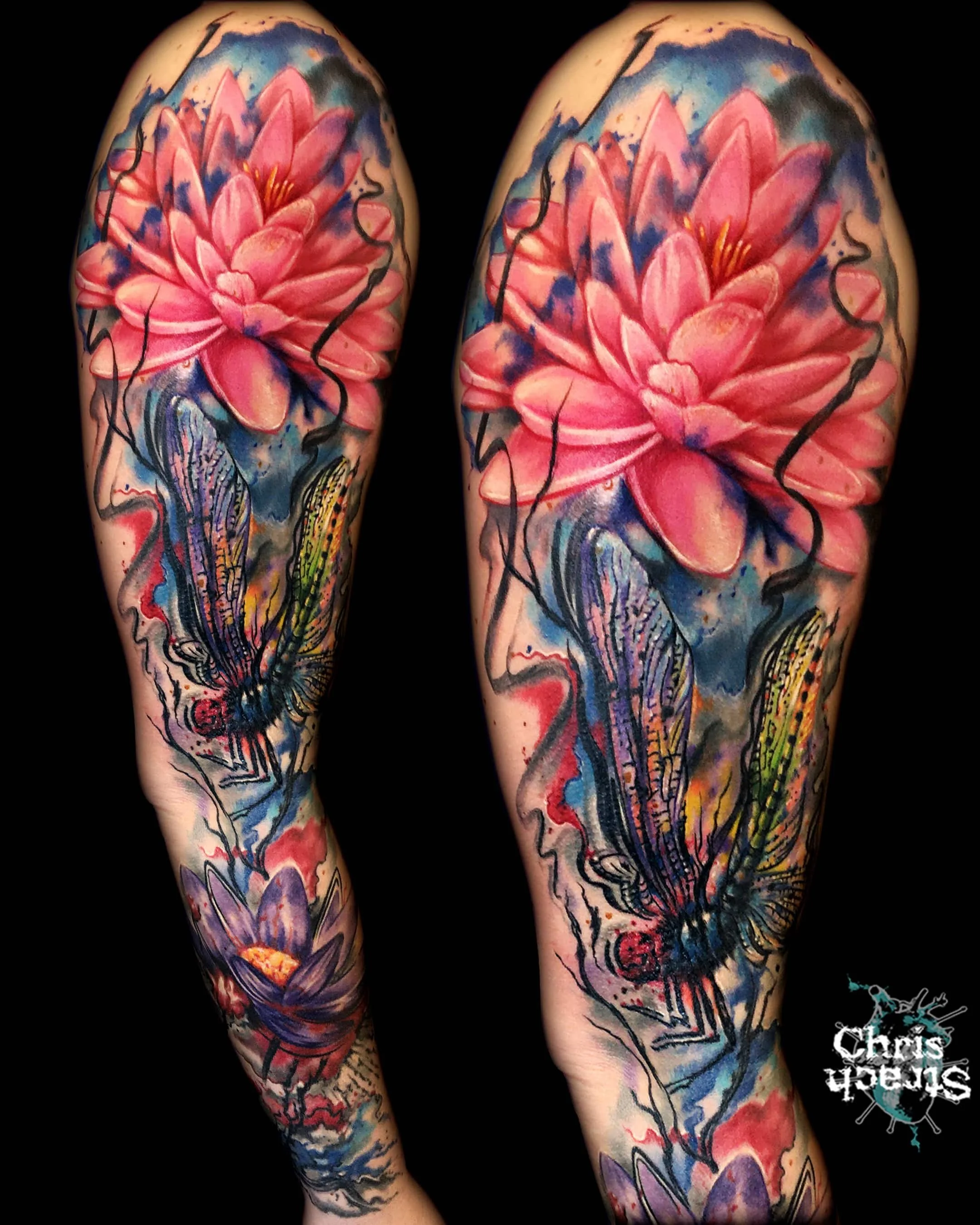 lily-flowers-watercolour-dragonfly-chris-Strach-forbidden-arts-tattoo-york.jpg