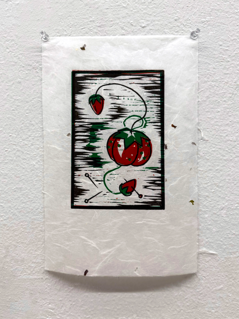 A colorful illustration of a tomato with a cherry attached by a green vine, set against a black and white background with a textured pattern.