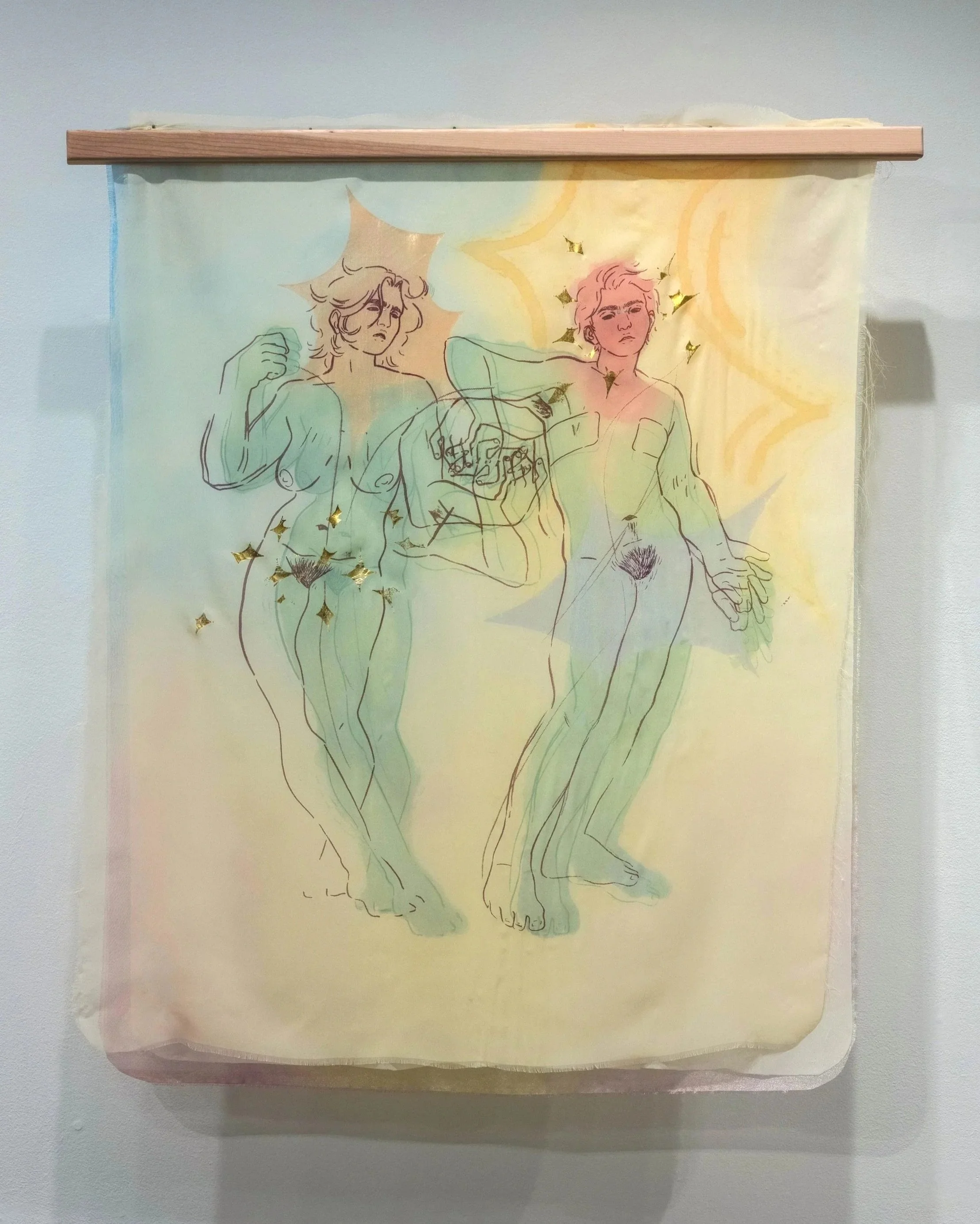 Screen printed artwork about the transgender experience featuring line drawings of two nude figures with pastel watercolor backgrounds, gold leaf accents, and a wooden rod at the top holding it up.