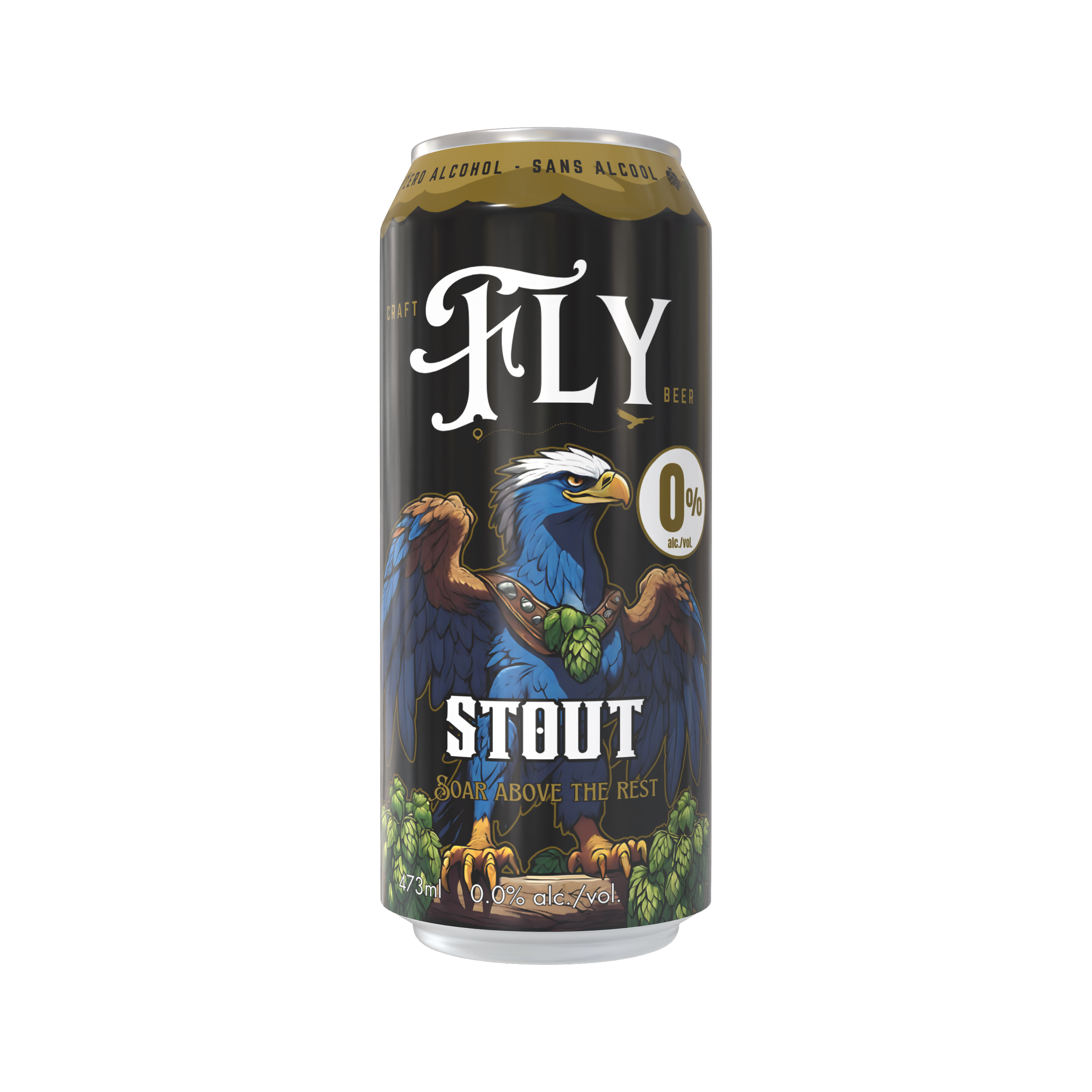 A can of July craft stout beer with a blue eagle illustration, labeled as non-alcoholic, 473ml.