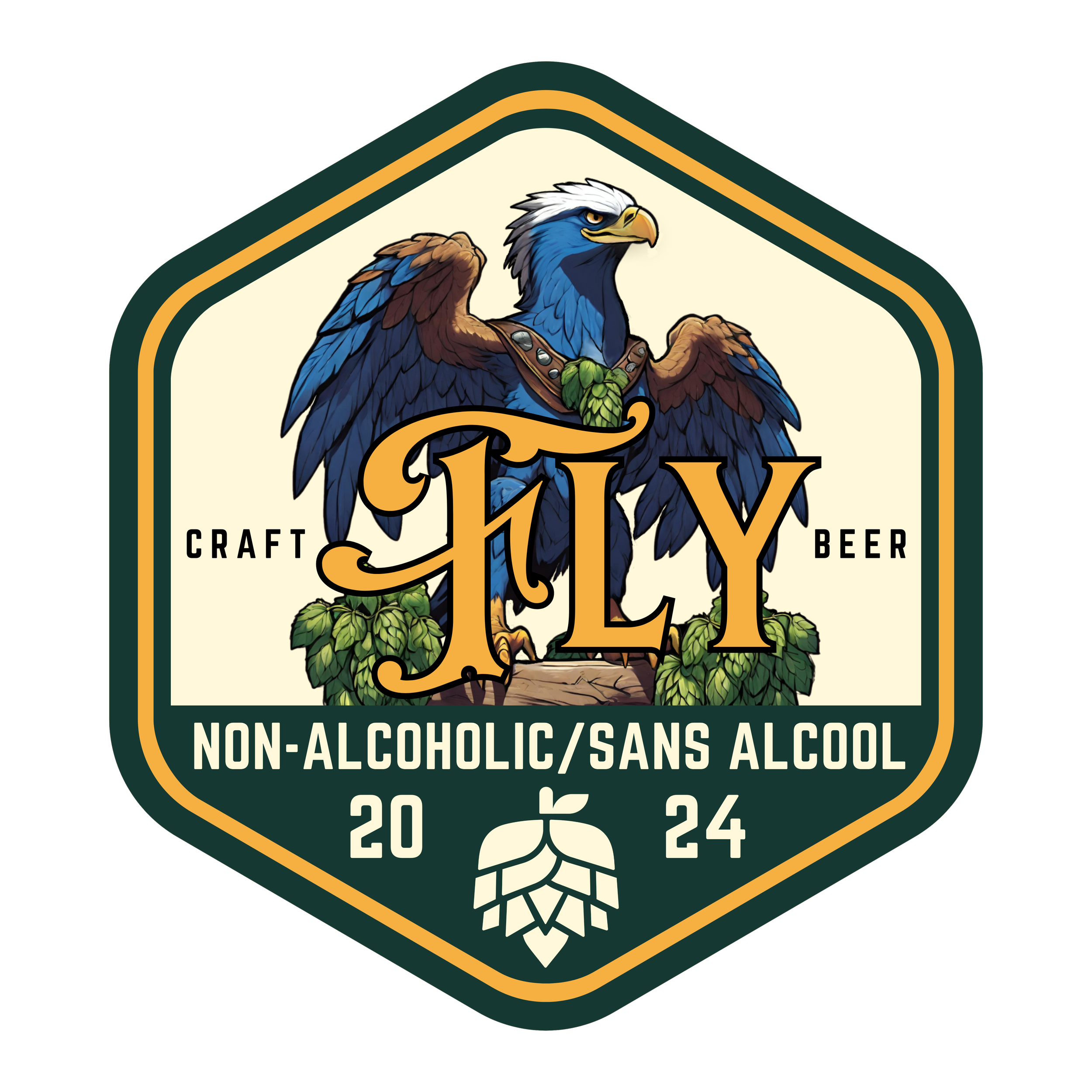 Logo for July craft non-alcoholic beer, features a blue eagle with outstretched wings, surrounding hop cones, with the words "Craft Beer" and "Non-Alcoholic" on a shield-shaped background, dated 2024.