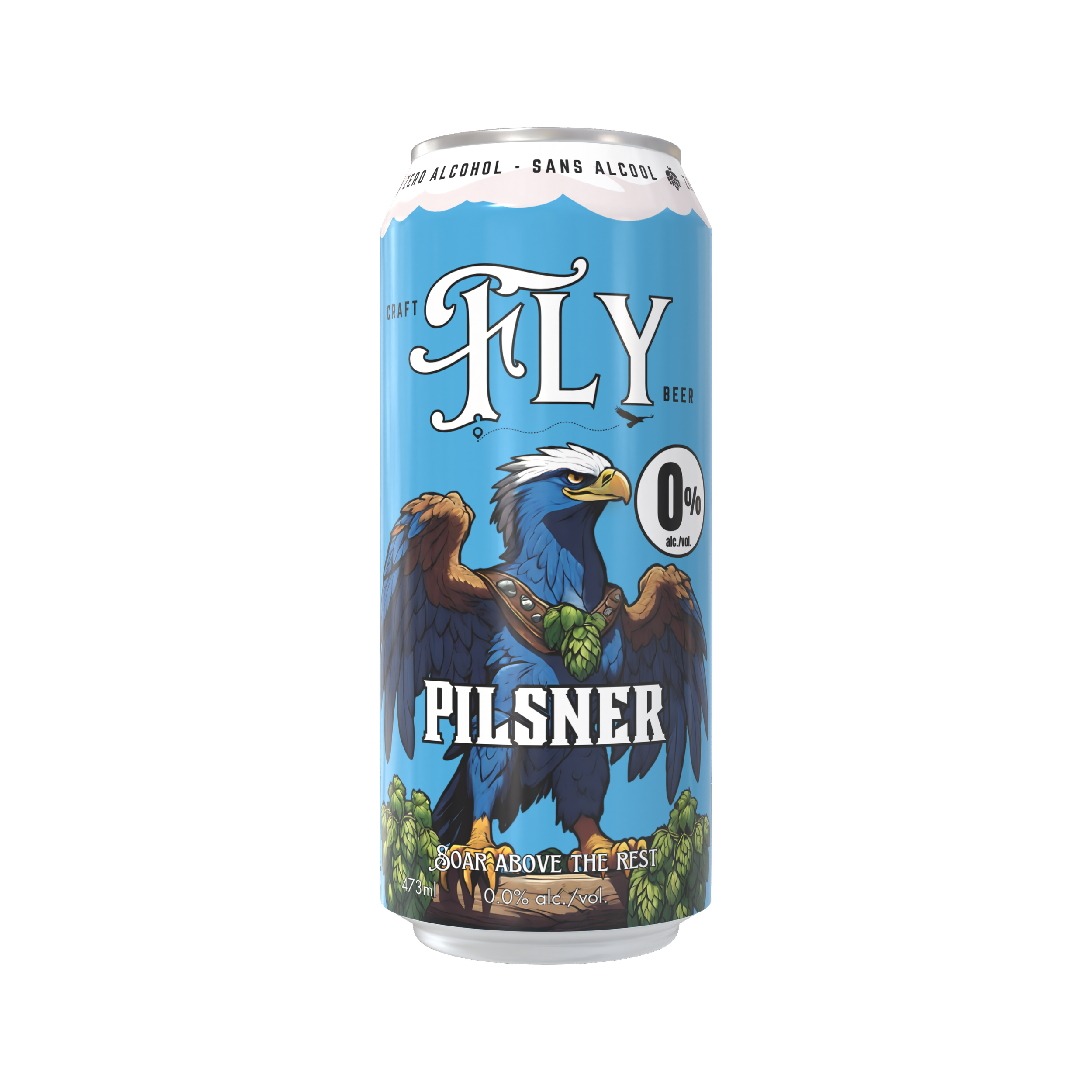 A tall, blue can of craft non-alcoholic Pilsner beer with an illustration of a fierce-looking eagle with white feathers on its head, brown wings, and a blue body, standing on hops and barley. The can features the words "Fly" in large letters, "Pilsner" below, and mentions "0% alc./vol." with the slogan "Soar above the rest." The can size is 473 ml.