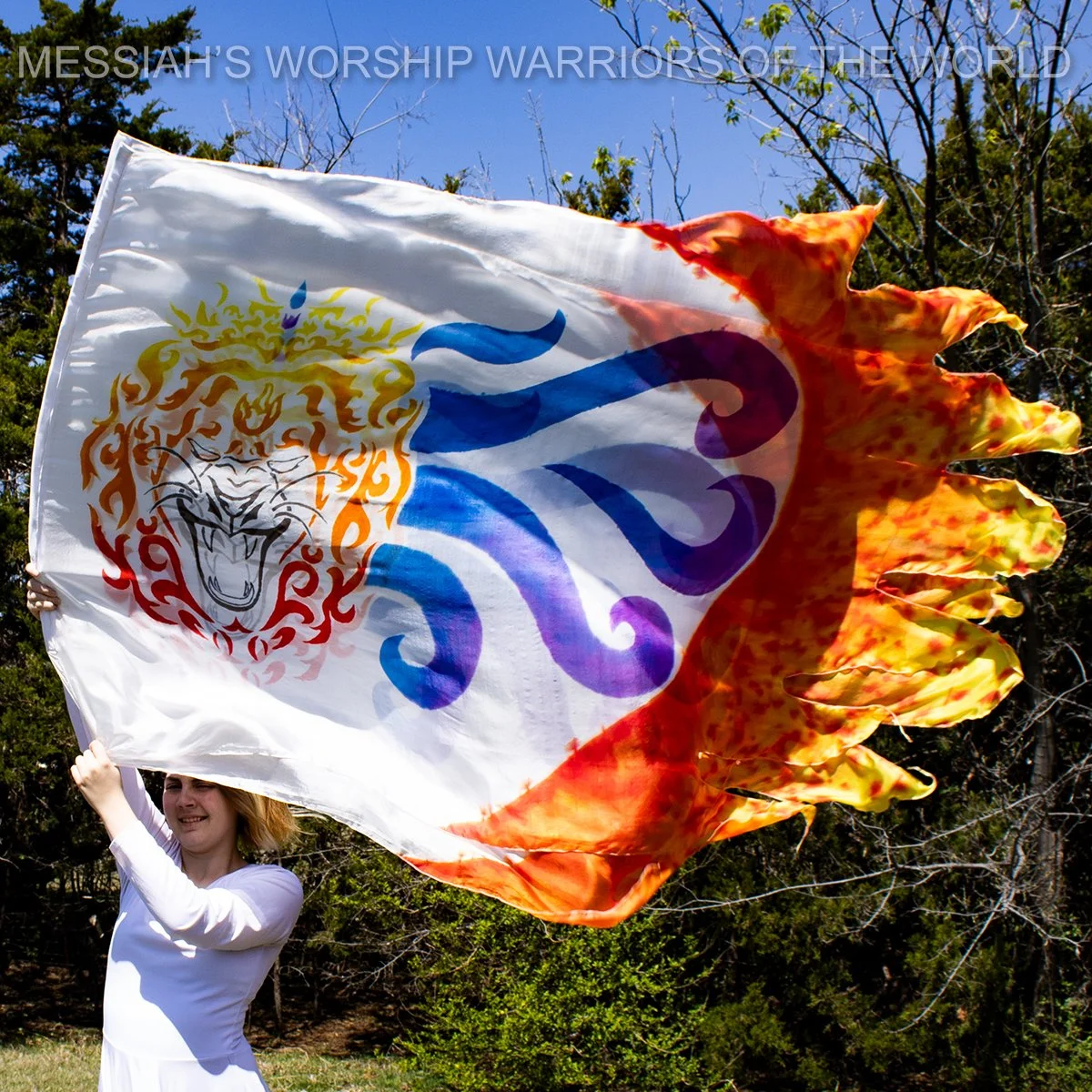Hand Painted Silk Worship Flags with the image of a fierce lion roaring and blowing wind while pushing the fire of adversity away.