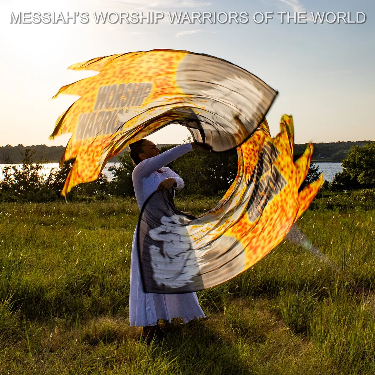 Hand Painted Silk Worship Flags with the image of a white horse bringing in the fire of God and the words Worship Warrior behind it.