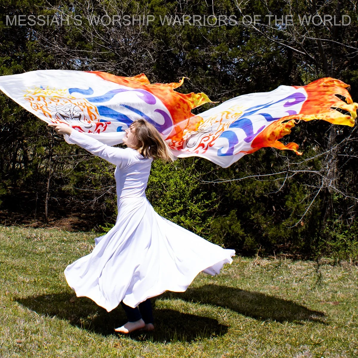 Hand Painted Silk Worship Flags with the image of a fierce lion roaring and blowing wind while pushing the fire of adversity away.