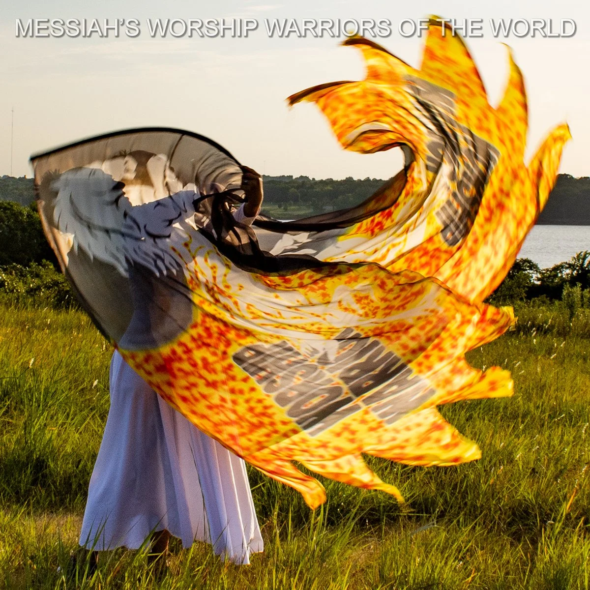 Hand Painted Silk Worship Flags with the image of a white horse bringing in the fire of God and the words Worship Warrior behind it.