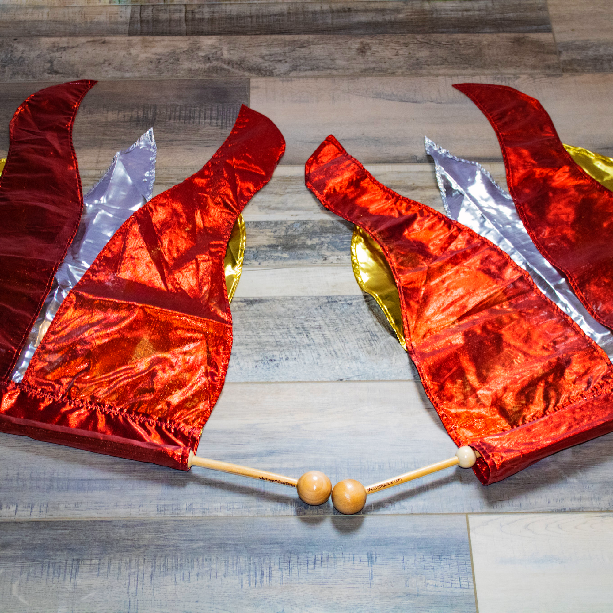 Holy Fire Spin-Tube Worship flags. The red, gold, and silver set represents the fire of the Holy Spirit and other set represents the fire of the Tabernacle.