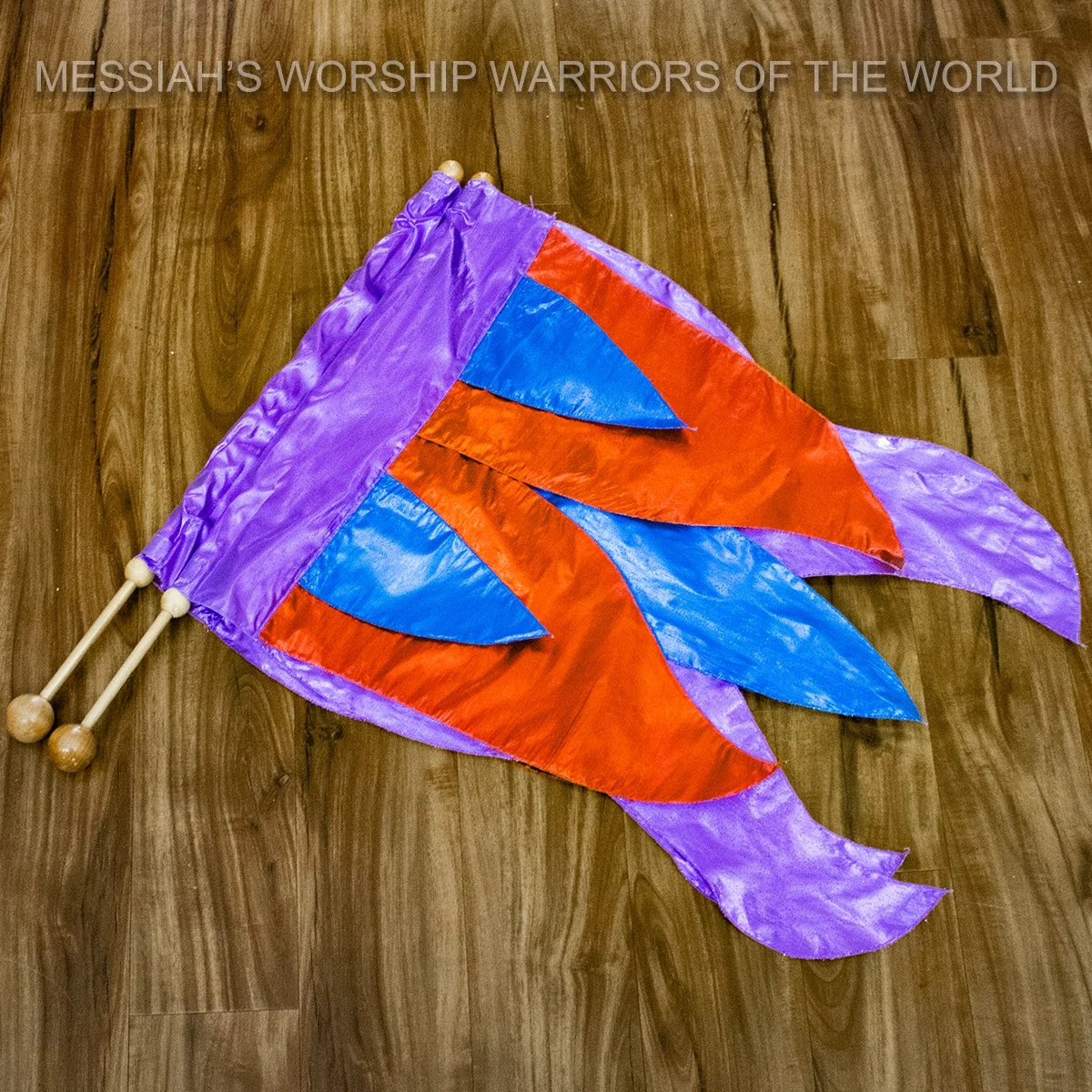 Holy Fire Spin-Tube Worship flags. The red, gold, and silver set represents the fire of the Holy Spirit and other set represents the fire of the Tabernacle.