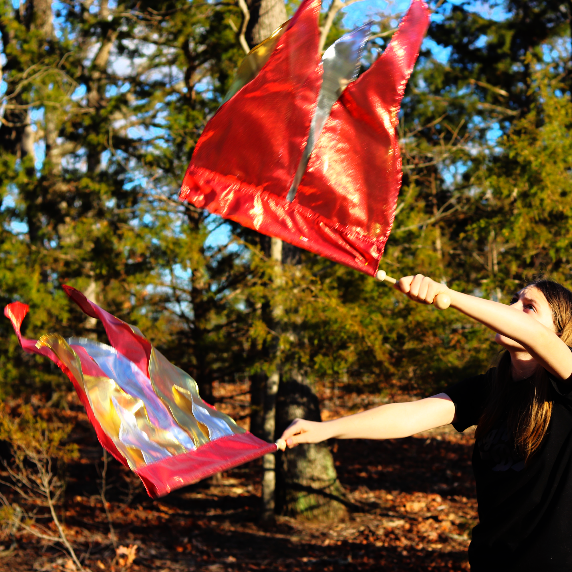 Holy Fire Spin-Tube Worship flags. The red, gold, and silver set represents the fire of the Holy Spirit and other set represents the fire of the Tabernacle.