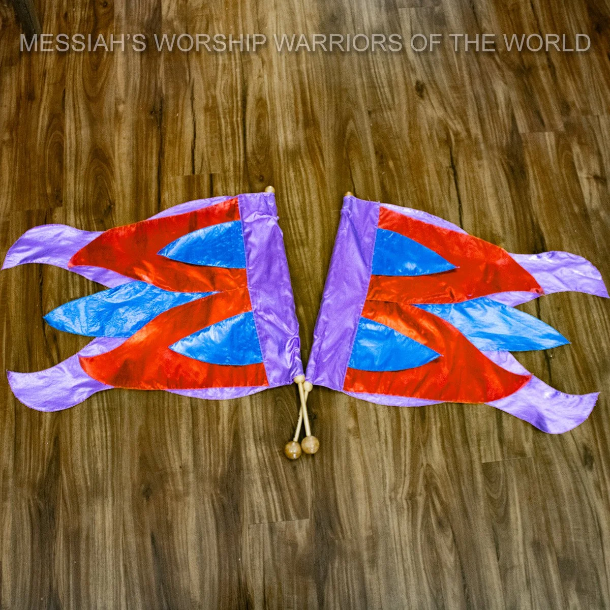 Holy Fire Spin-Tube Worship flags. The red, gold, and silver set represents the fire of the Holy Spirit and other set represents the fire of the Tabernacle.