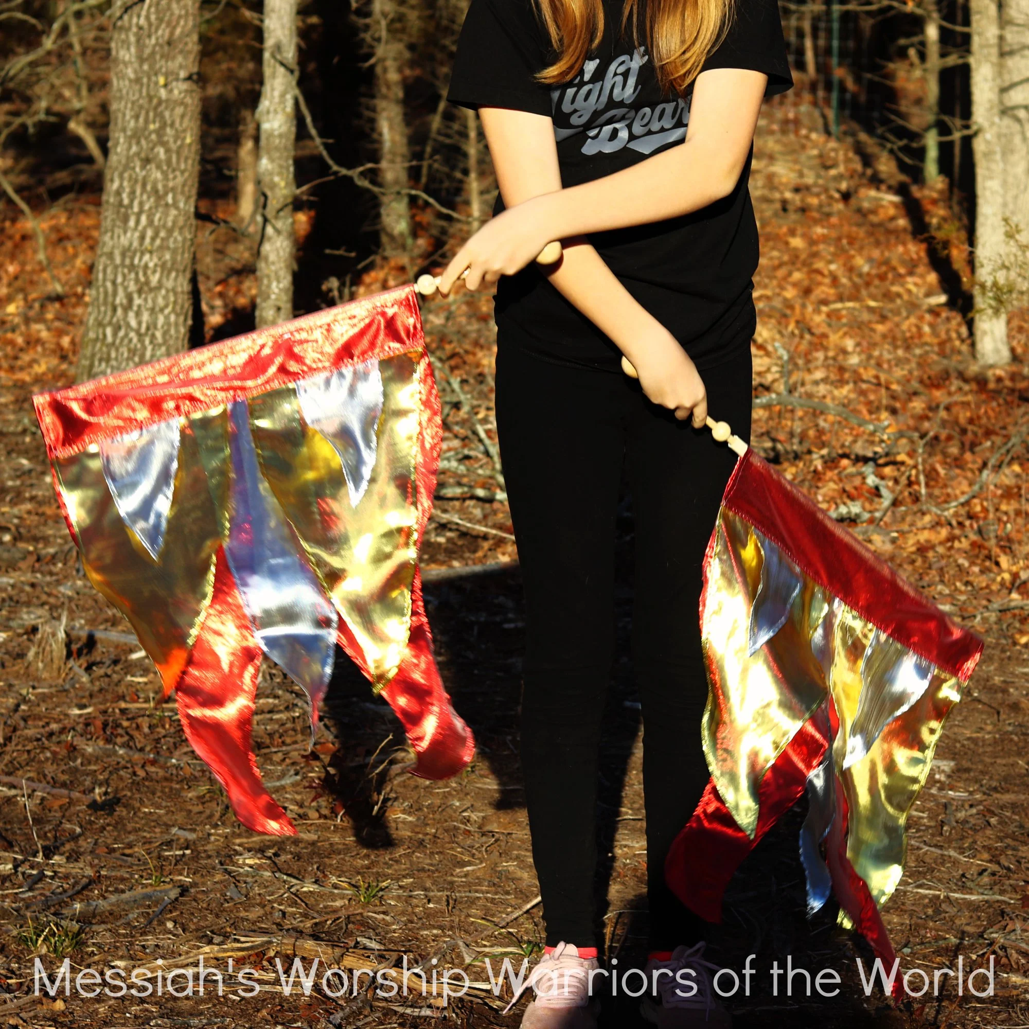 Holy Fire Spin-Tube Worship flags. The red, gold, and silver set represents the fire of the Holy Spirit and other set represents the fire of the Tabernacle.