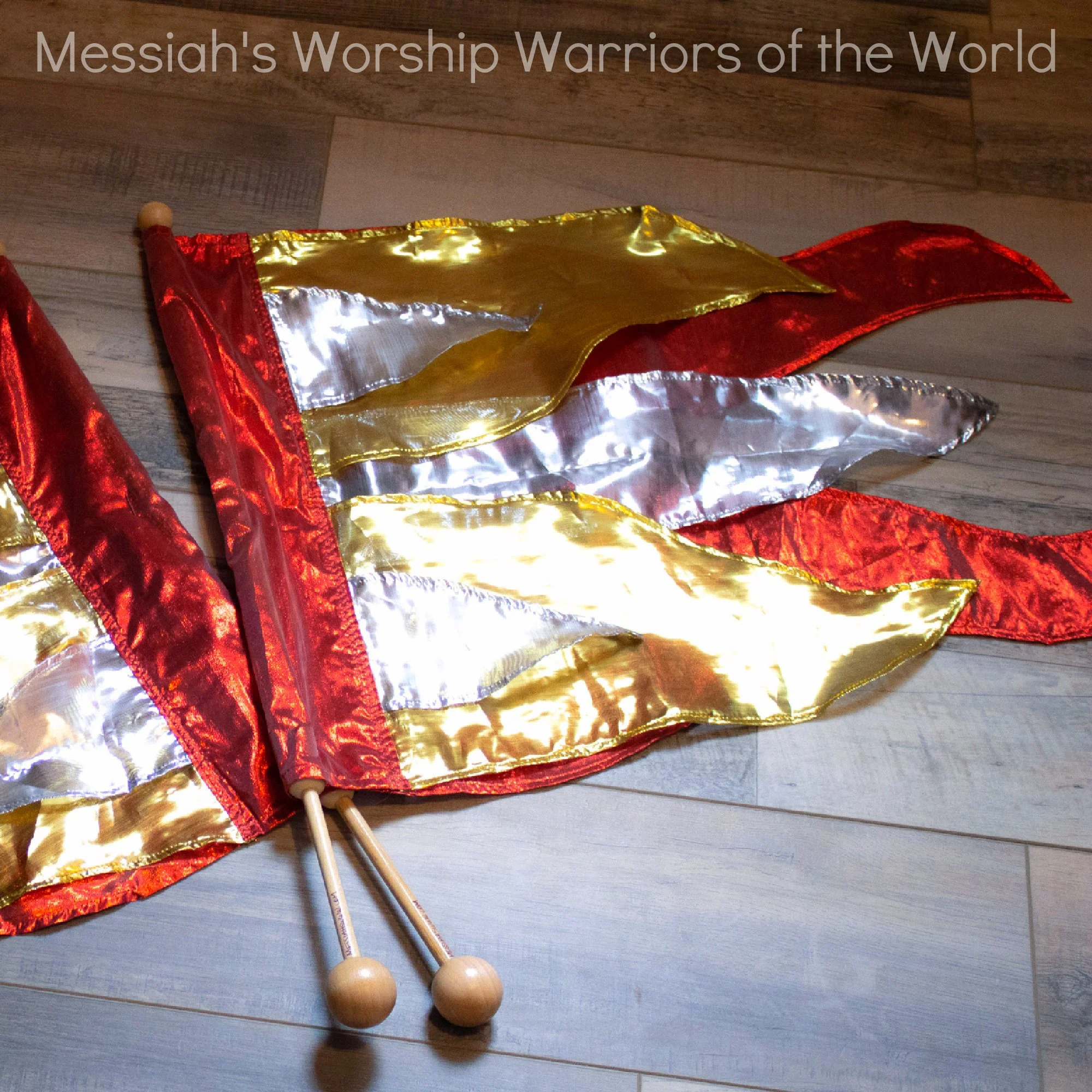 Holy Fire Spin-Tube Worship flags. The red, gold, and silver set represents the fire of the Holy Spirit and other set represents the fire of the Tabernacle.