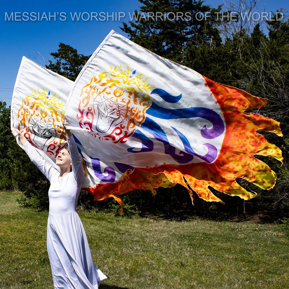 Hand Painted Silk Worship Flags with the image of a fierce lion roaring and blowing wind while pushing the fire of adversity away.