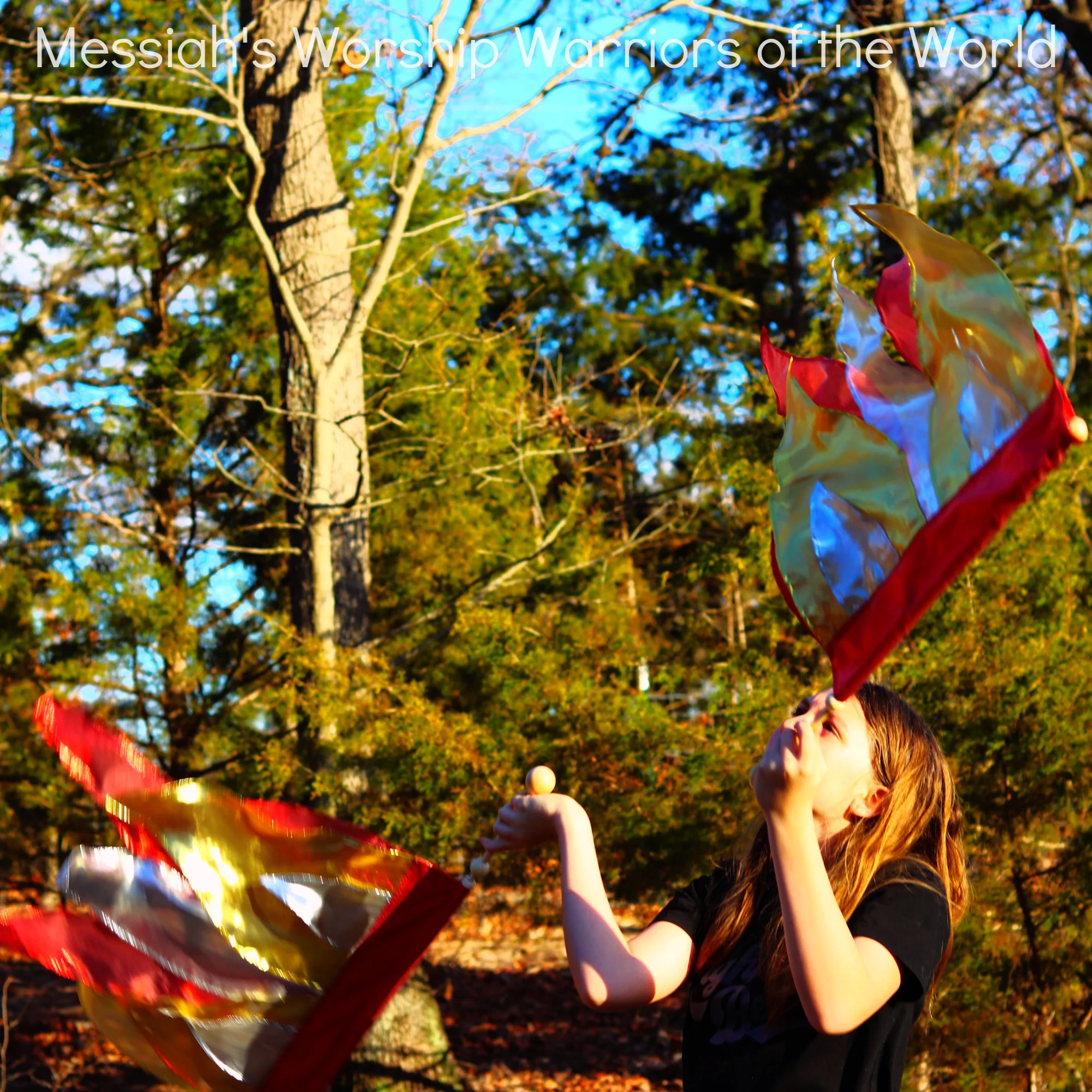 Holy Fire Spin-Tube Worship flags. The red, gold, and silver set represents the fire of the Holy Spirit and other set represents the fire of the Tabernacle.