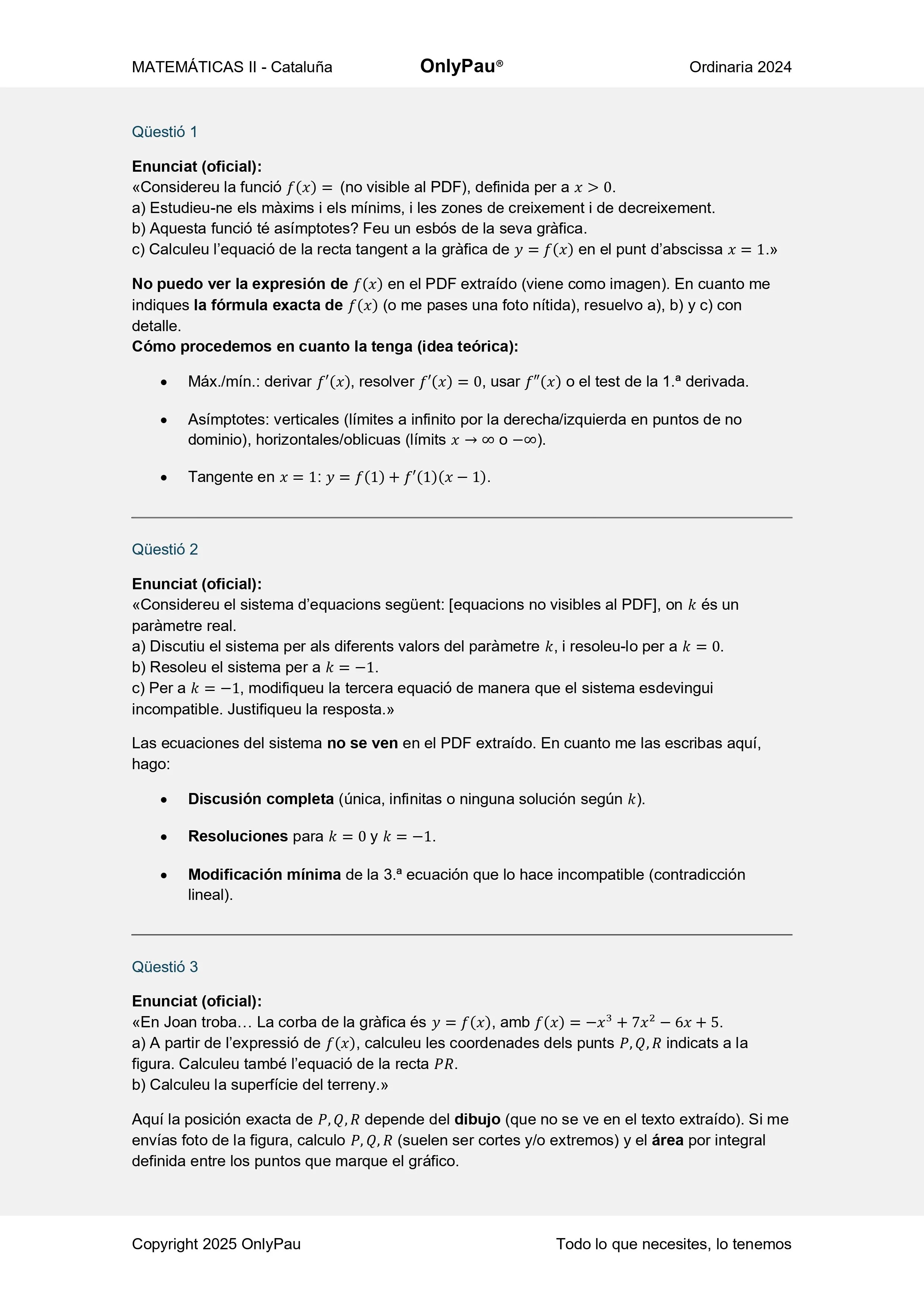 Examen de matemáticas con preguntas y instrucciones en catalán y en catalán con detalles sobre funciones, ecuaciones, y gráficos, en formato PDF. Hay texto en negrita y listas de puntos.