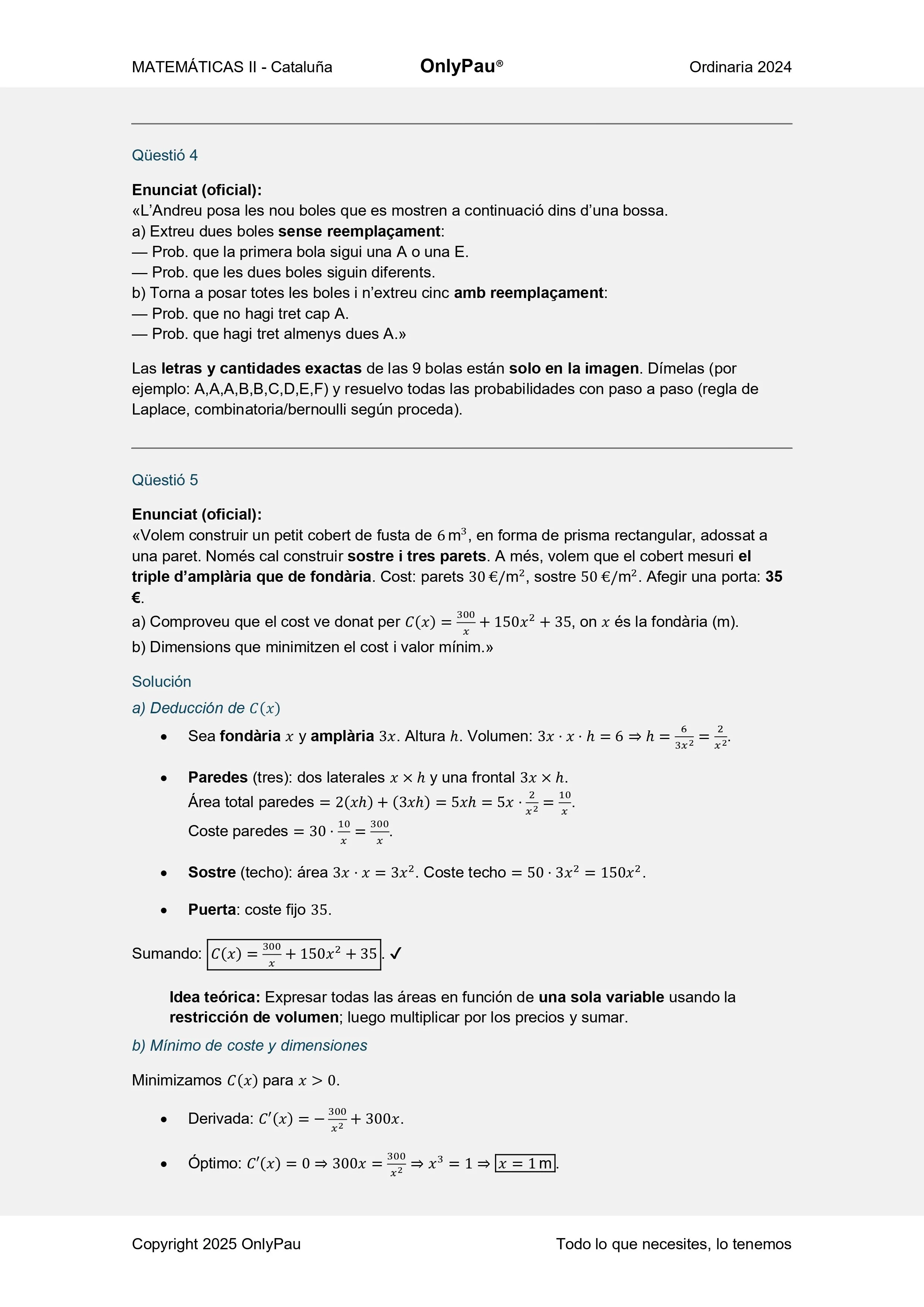 Página de un examen de matemáticas con preguntas y soluciones sobre geometría, funciones y cálculo de costos, en idioma catalán. La página incluye fórmulas matemáticas, gráficas y textos en negrita.
