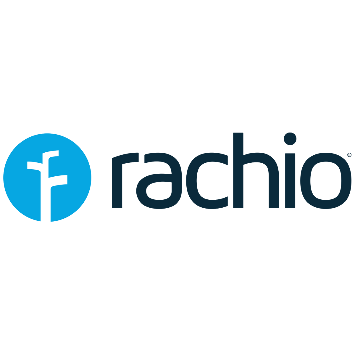 Rachio logo with a blue circle containing a white stylized 'F' and the word 'rachio' in lowercase letters.