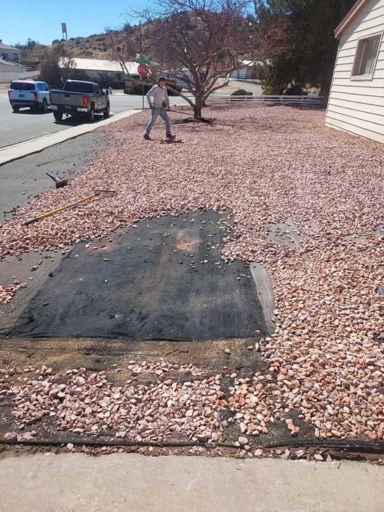 Residential gravel yard completed by Priddy Landscaping and Irrigation along Linda Lane in Farmington NM