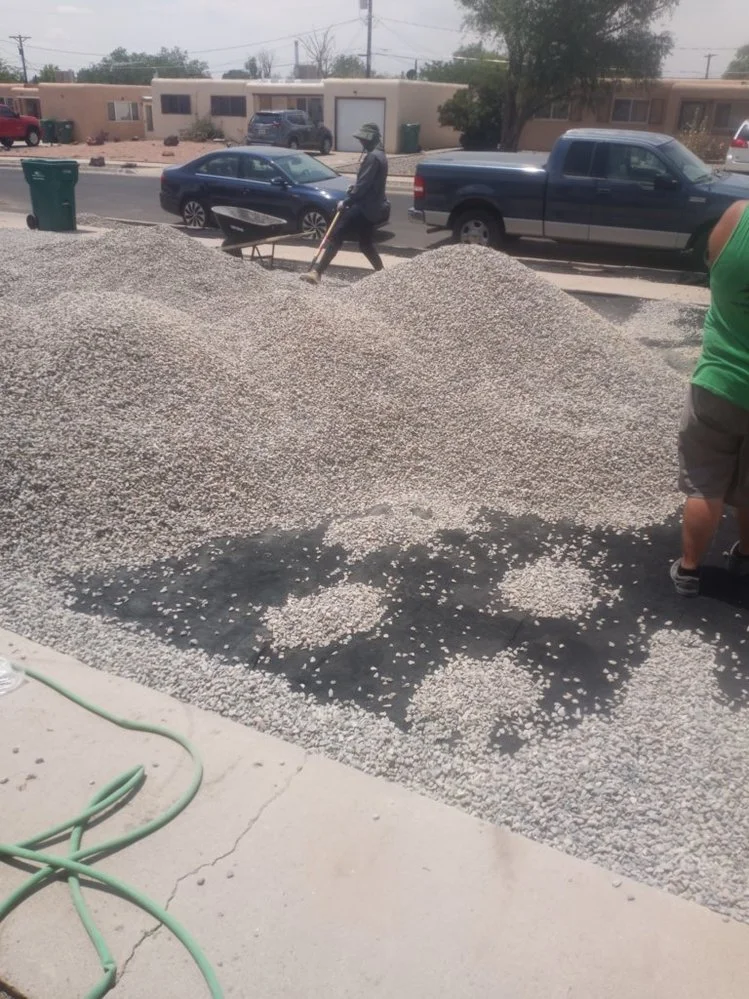 Priddy Landscaping and Irrigation completing a gravel yard install on Via Del Oro Drive in Farmington NM