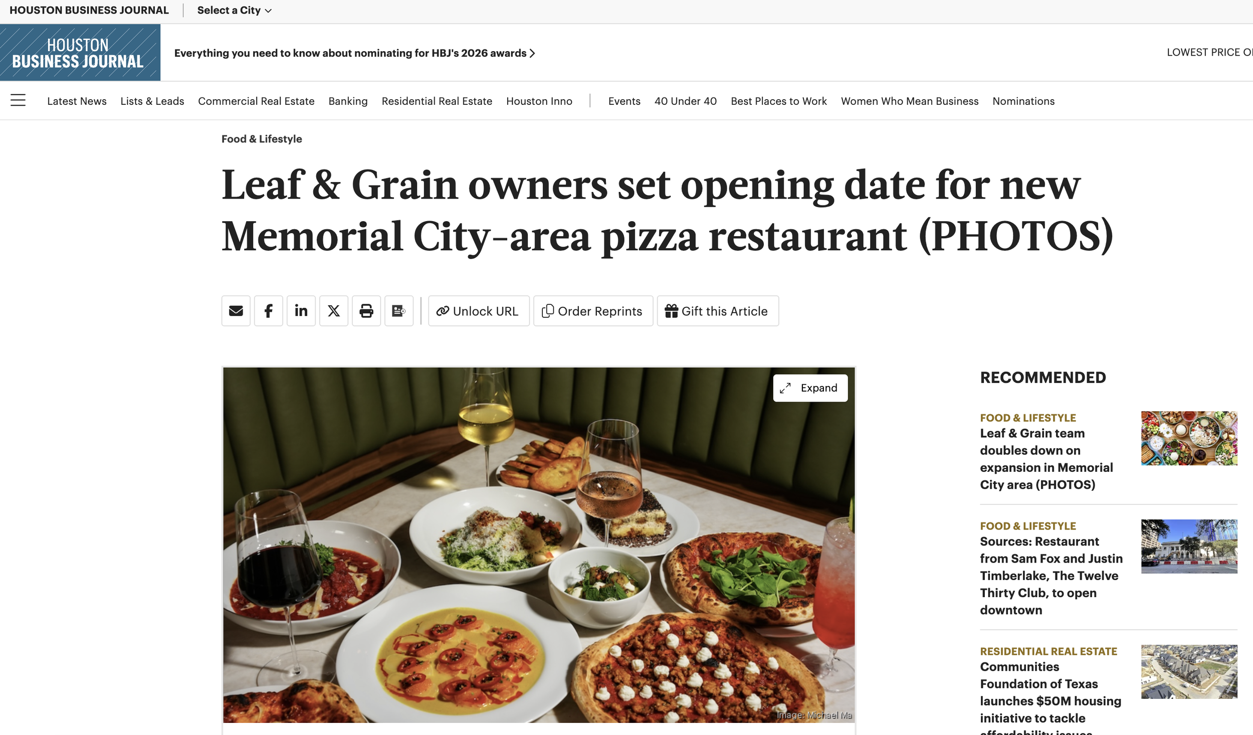 Houston Business Journal, Leaf & Grain owners set opening date for new Memorial City-area pizza restaurant