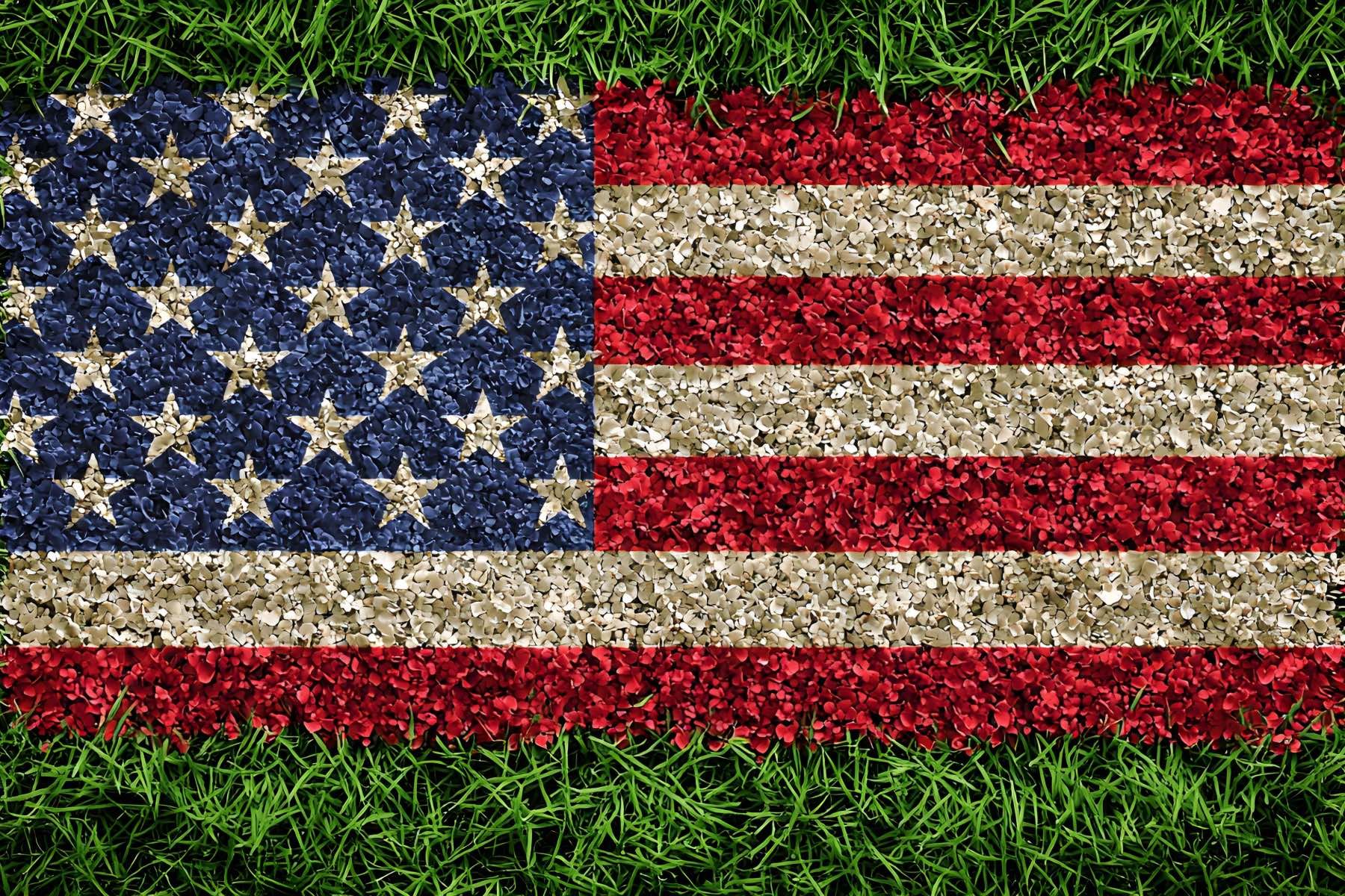 A US flag made of a mosaic design on grass