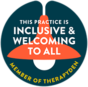 Circular logo with text stating 'This practice is inclusive & welcoming to all' and 'member of therapyPDX' on a dark blue background.