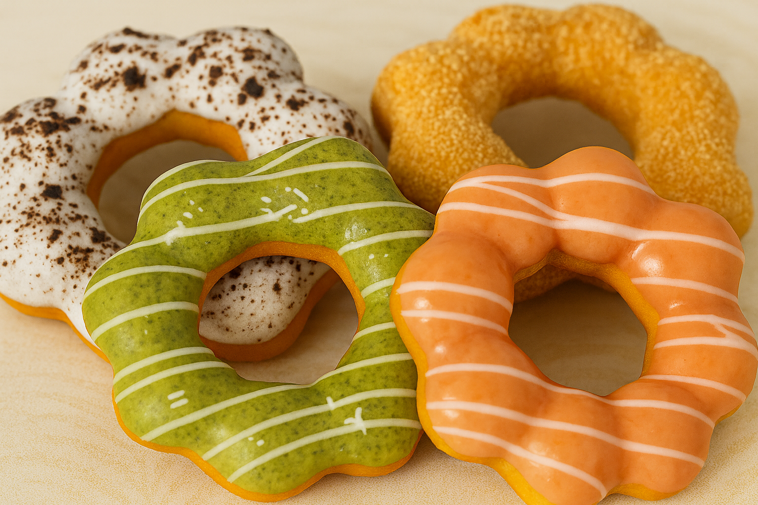 Assorted pon de ring mochi donuts with various toppings and glazes arranged on a white tray. Manoa Bake Co. | Formerly Fill Bakeshop