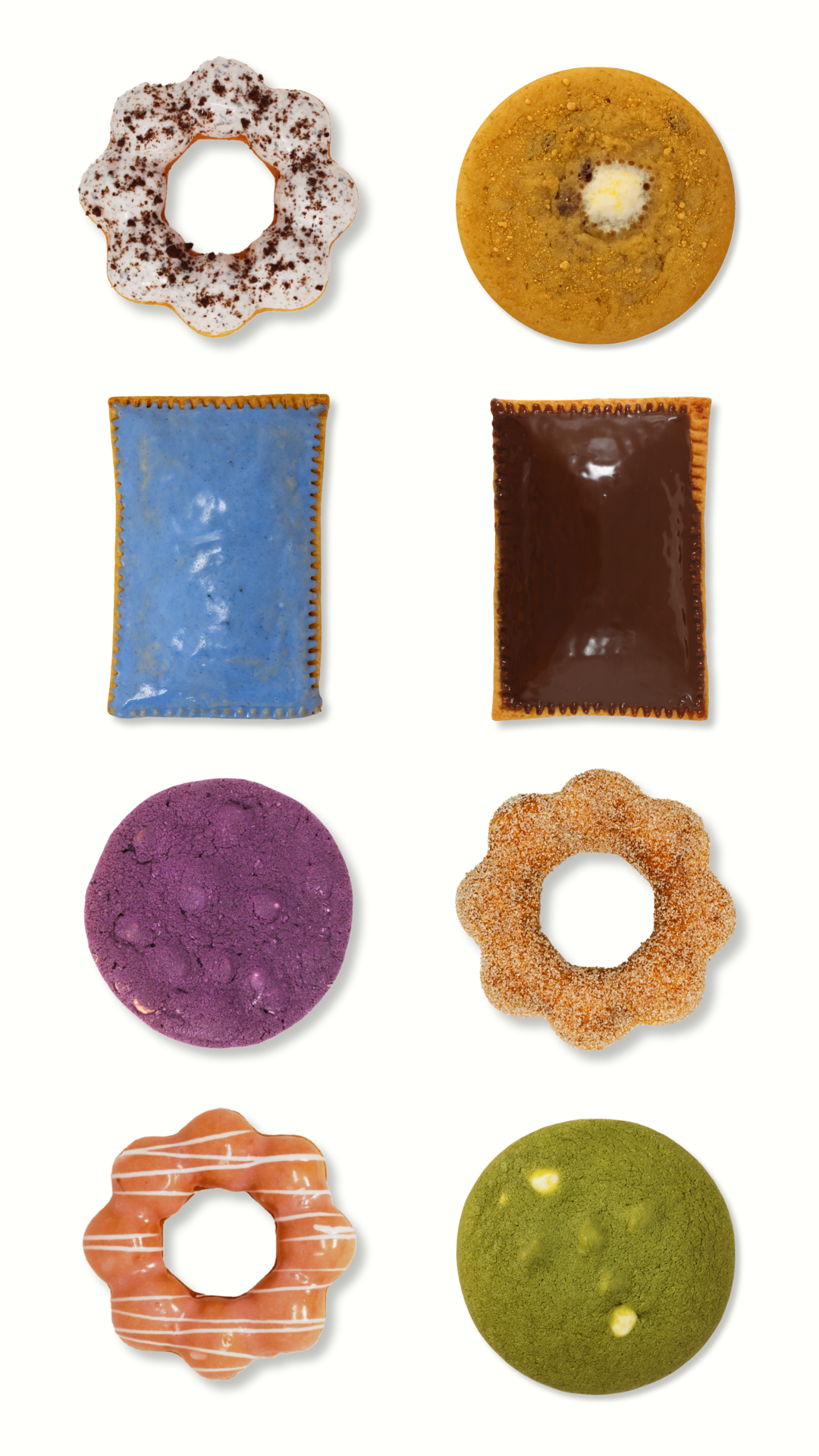 A box of decorated pon de ring mochi donuts with different toppings and glazes, including chocolate with sprinkles, fruity cereal, matcha icing, powdered sugar with cookie crumbs, and cinnamon sugar. Manoa Bake Co. |  Formerly Fill Bakeshop.