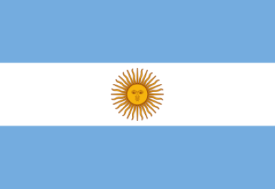 Flag of Argentina with light blue and white horizontal stripes and a sun in the center.