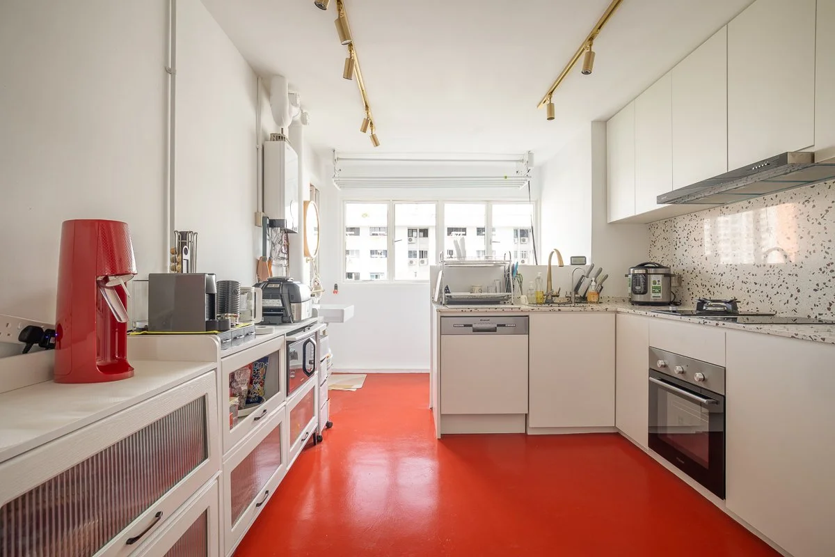 terrazzo quartz countertop Singapore, red flooring kitchen, Retro interior design Singapore