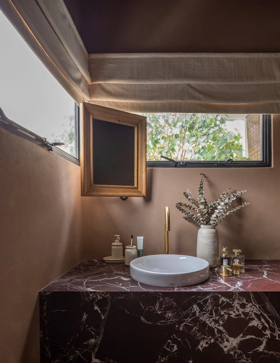 earthy interior design Singapore, rustic landed home renovation Singapore, brass tapware Singapore