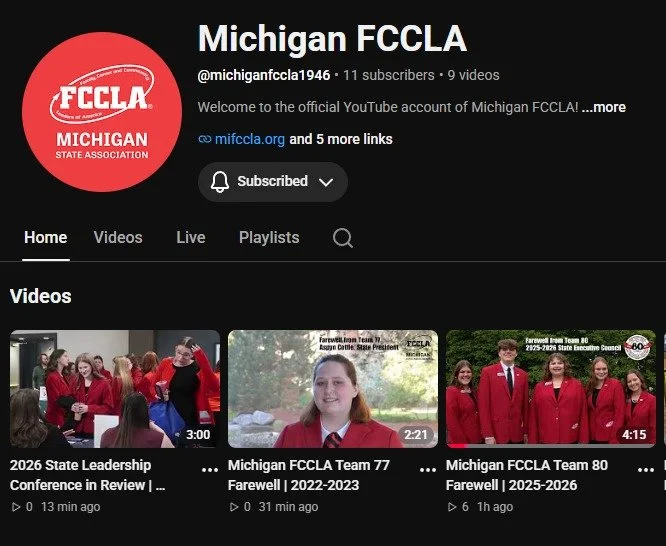 Now is the time to subscribe to Michigan FCCLA on YouTube! Head to the channel and check out some of our latest videos from the State Leadership Conference, helpful member tutorials, and more to come!