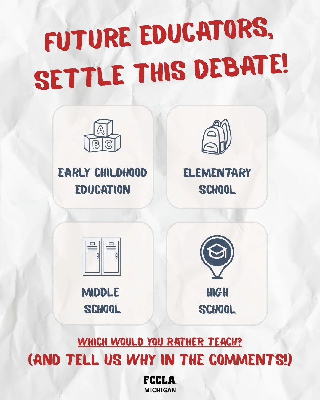 FUTURE EDUCATORS, SETTLE THIS DEBATE! 🍎👀

If you could choose, which would YOU rather teach?

🧸 Early Childhood Education
✏️ Elementary School
📚 Middle School
🎓 High School

Drop your answer in the comments&mdash;and tell us WHY! ⬇️

Tag a futur