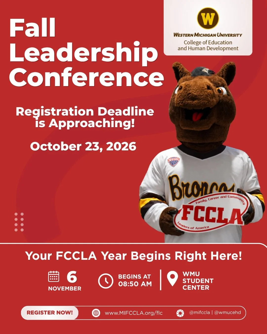 Kalamazoo, we're coming your way! 🐴

The Michigan FCCLA Fall Leadership Conference lands at Western Michigan University on November 6! Expect a day of new connections, hands-on workshops, and exciting ideas you can take back to your chapter.

Who's 
