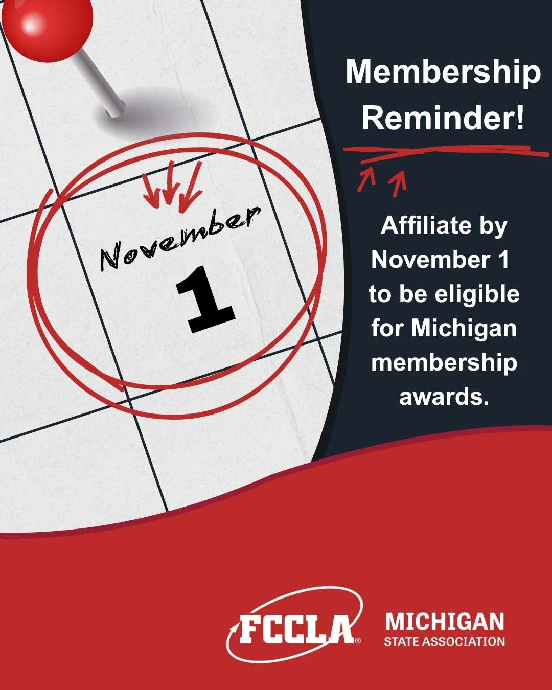 🚨 Michigan FCCLA Chapters! 🚨
November 1 is the date to know. Submit membership by that date to be eligible for state membership awards.

Chapter officers, give your advisers a friendly reminder and keep up those recruiting efforts!

Contact the sta
