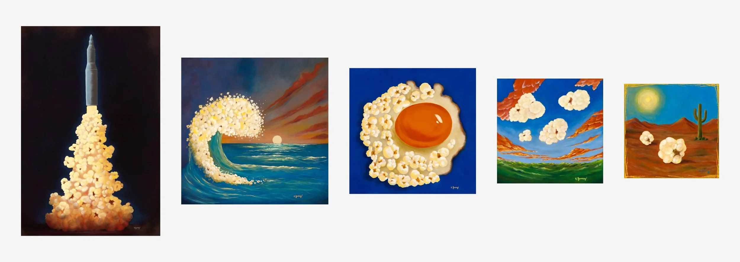 A series of five surreal paintings depicting popcorn in various landscapes and scenarios, including a rocket made of popcorn, a wave with popcorn, a fried egg with popcorn, popcorn clouds in the sky, and a cactus in a desert with popcorn.