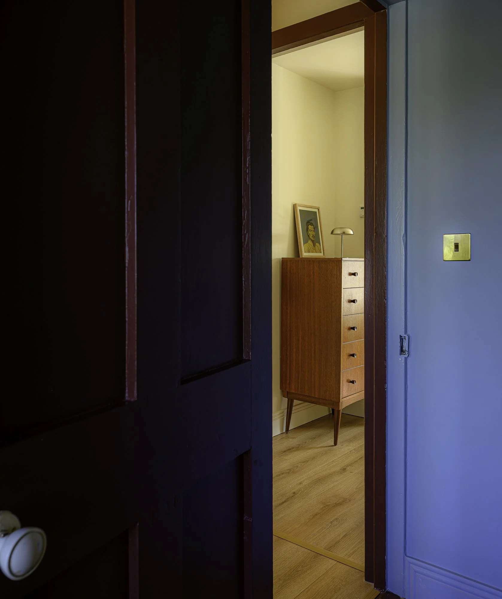 Dark plum doors and blue walls