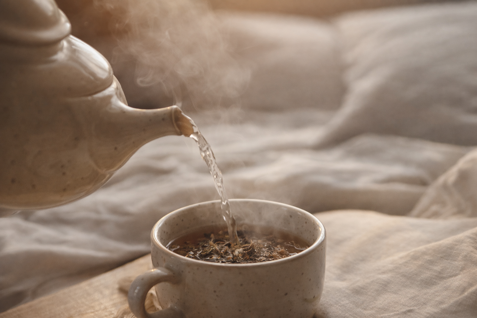 Tea being poured from a teapot into a ceramic cup, with steam rising in a cozy setting.