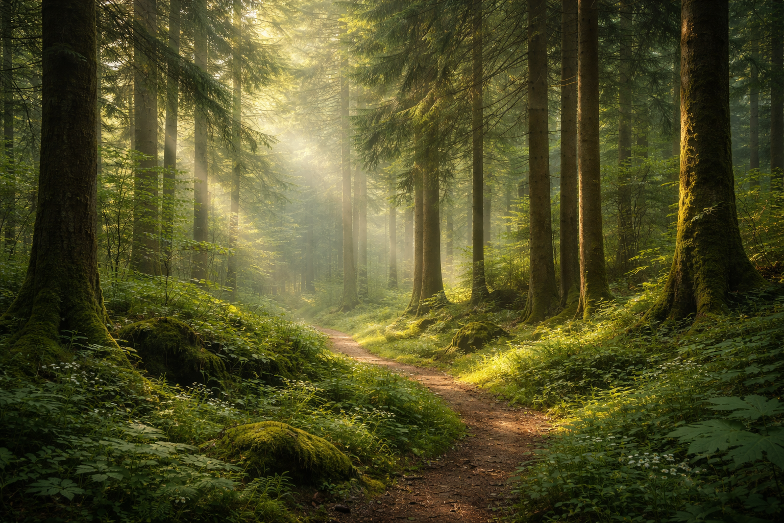 A forest trail surrounded by tall trees with sunlight shining through the canopy, illuminating the lush green undergrowth.