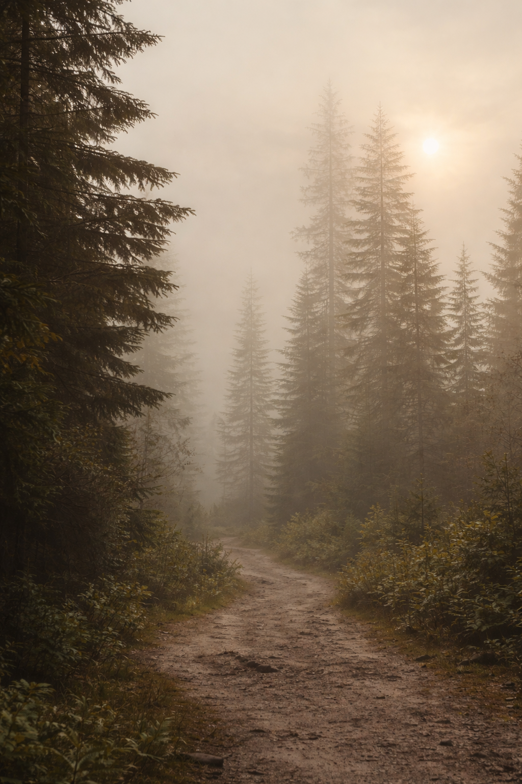 Dirt trail running through a foggy forest with tall evergreen trees and sunlight breaking through the mist.
