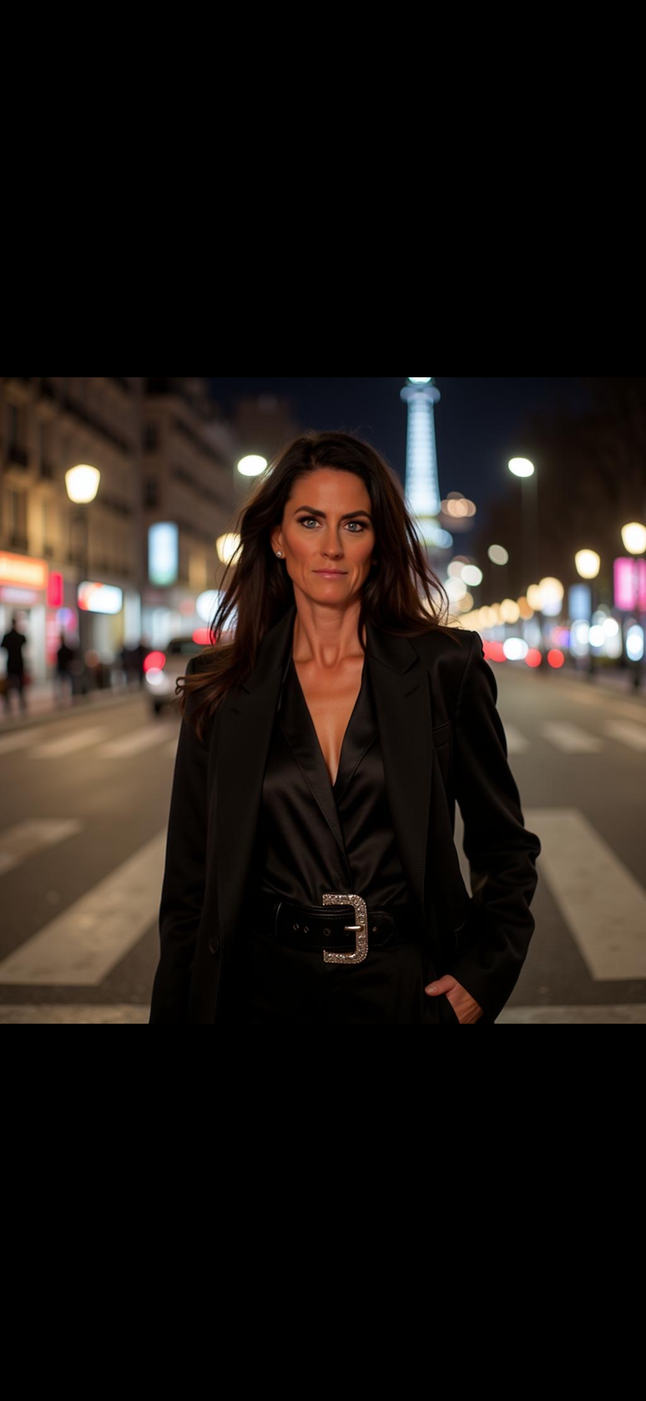 A woman in a black blazer and shirt standing in the street at night with city lights and blurred buildings in the background.