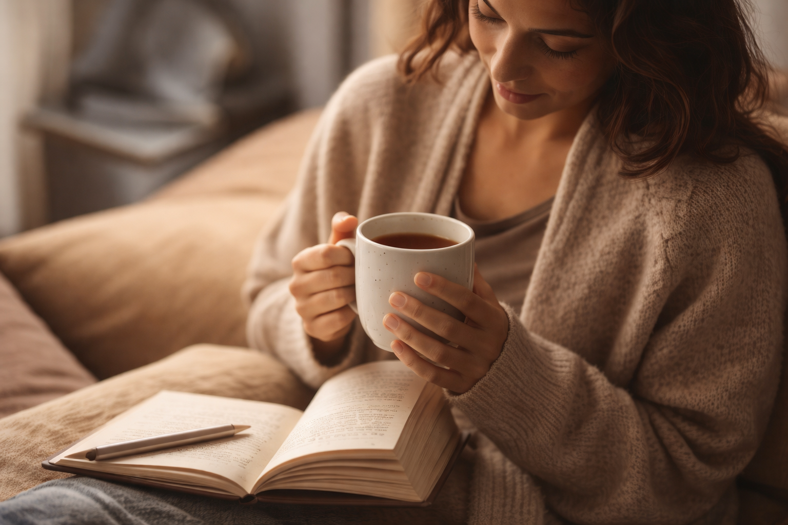 A woman sitting on a sofa, holding a mug of tea or coffee, with an open book and a pen in front of her.