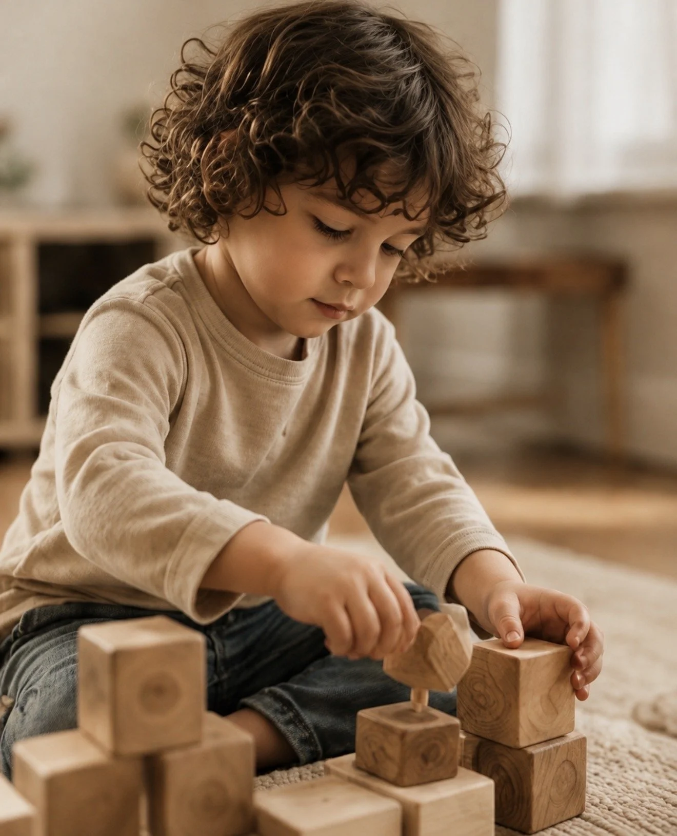 Child playing with wooden blocks representing neurodivergent pediatric care