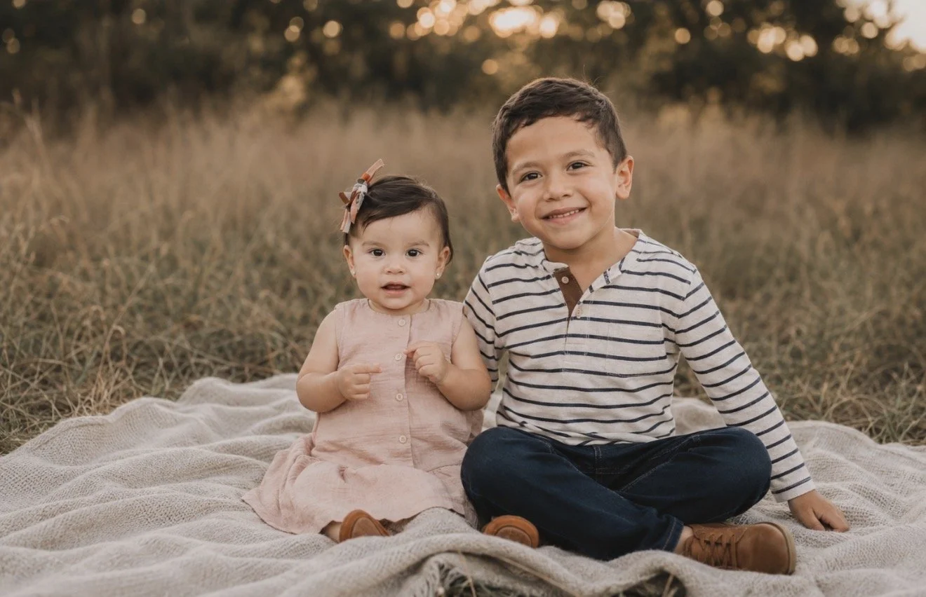 Young brother and sister sitting together outdoors on a blanket