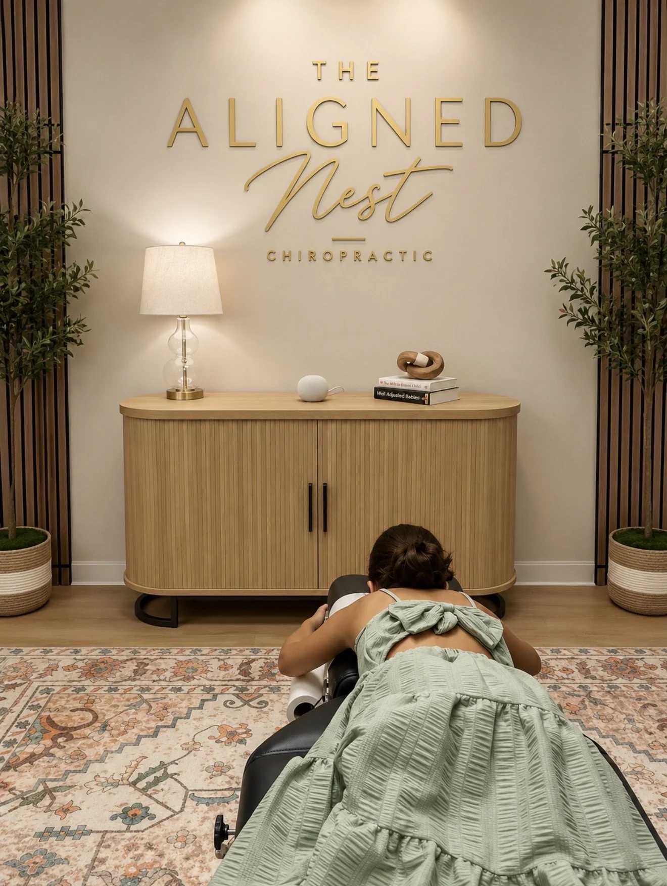 A person lying face down on a chiropractic table receiving an adjustment in a modern, well-decorated clinic room with a sign that reads 'The Aligned Nest Chiropractic' and a cozy, inviting atmosphere.